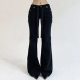 Tie With Hot Girls Multi-Pocket Design Fashion Jeans 2024 Casual Solid Color Button Flared Trousers-Outfit