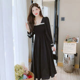 Fongt Summer New French Square Collar Solid Color Long Sleeve Sweet Temperament Show Thin Reduce Age In The Long Dress-Outfit