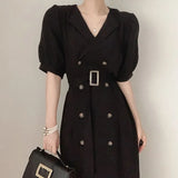 Korean Chic Elegant Double Breasted Suit Bubble Sleeve Dress Lace Closed Waist Long Skirt Female Summer-Outfit