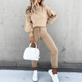 Fleece Pullover Sets Women Casual Lantern Sleeve Sweatshirt Drawstring Pants Solid Color Turtleneck 2 Piece Set