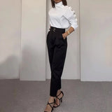 Fongt 2023 New Fashion Solid Color High Neck Inclined Shoulder Suit Female-Outfit