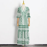 Fongt Vintage 2025 Spring New Fashion Design Prints V-Necked Leaf-Side Dresses For