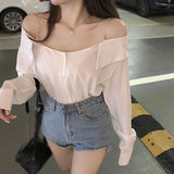 Women Blouse Elegant Chic Shirts Solid Skew Collar Off Shoulder Stylish Sexy Hot Sale Long Sleeve Loose Blusas Top New Mujer-Outfit