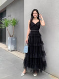 Fongt Light Yarn Bare Back Sweet Wooden Ear Slings Long Shaft Fairy Air Mesh Irregular Dress