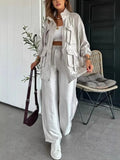 Fongt Women's Straight Trousers Two-Piece Solid Fashion Long-Sleeved Jacket Three-Dimensional Pocket 3035
