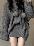 Oversize V Neck Gray Cable Knit Sweater-Outfit