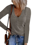 Fongt Autumn New Women's Button Vest Solid Color V-Neck Long-Sleeved T-Shirt Top