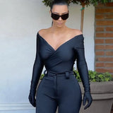 V Neck Wrap Bodysuits Women Black Goth Long Sleeve With Gloves One Piece Rompers 2021 Fall Harajuku Party Club