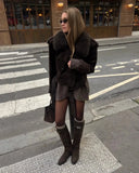 Brown Faux Fur Collar Suede Short Jacket-Outfit