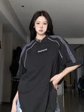 Piping Detail Short Sleeve Oversized Tee-Outfit