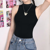 Street retro black sleeveless strapless one-piece round neck tight sexy T-shirt blouse female Harajuku solid color oversize