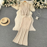 Fongt And Summer Pure Desire Gentle Wind Temperament Suit Female Hollow Out Sleeveless Short Vest Fishtail Skirt Two Sets-Outfit