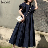 Summer Sundress Vintage Short Puff Sleeve Dress ZANZEA Fashion Party Long Vestidos Solid Kaftan Dresses Baggy Robe