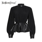 TWOTWINSTYLE Black Pu Leather Blouse Ruffle High Waist Patchwork Knitted Lantern Sleeves Streetwear Blouses 2021 Fashion