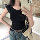 Style Simple Shoulder Short-Sleeved T-Shirt Women's Summer Thin Style Design Feeling Solid Color Full-Fitting Spicy Girls Short-Style