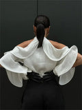 White High Neck Ruffled Cut Out Shirt-Outfit