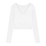 Fongt Women's Short Slim Long Sleeve With Bottom Shirt Autumn 2024 New Sexy V-Neck Collarbone Student Top