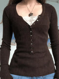 Lace Paneled Button Long Sleeve Knit Top-Outfit