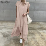 Elegant Summer Long Shirt Dress Women Lapel Neck Short Sleeve Solid Loose Work Sundress Robe Femme Maxi