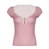 Girl's Fine Striped Lace Buckle V-Collar Knitted T-Shirt Summer Dopamine Short-Sleeved Blouse-Outfit