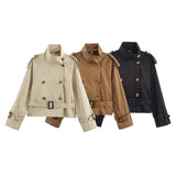 Fongt Autumn Women's Clothing Explosion Retro Collar Design Double Buckle Short Belt Wind Coat