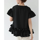 Style Patchwork Ruffles Beads Shirts & Blouses 2024 Woman Blusas Short Sleeve Camisas V-neck Ropa Mujer Summer Tops-Outfit