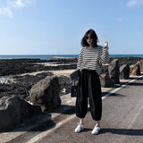 Fongt 2024 New Korean Women's Striped Long-Sleeved T-Shirt Female Top Students Thin Loose Round Collar Hoodie