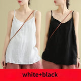 Women's Tank Top Loose Cotton Linen Spaghetti Strap Camis Solid V Neck Casual Fashion Black Summer Tops Vintage