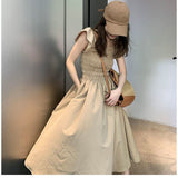 Sweet Slim High Waist Smocked Women Midi Dress Big Hem Square Neck Lady