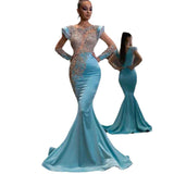 Fongt New Daily Light Blue Fishtail Skirt Banquet Long Gold Series Thin Temperament Annual Evening Dress
