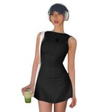 Women's Summer New Solid Color Round Neckless Sleeve Sexy Bare Back Leaves Side Casual Ass