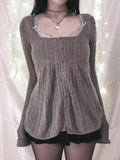 Solid Pointelle Square Neck Knit Cardigan-Outfit