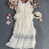 Fongt High-End Feel Leaf Edge Mesh Cake Dress Women's Waist Thin Temperament A Word Shoulder Super Fairy Long Skirt