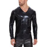 Fongt Men's Soft Lacquer Leather T-Shirt V Neck Long Sleeve Bright Leather Coat No Odor Size Accurate-Outfit