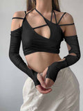 Fongt Summer Women's Solid Color Sling Hanging Neck Exposed Navel Dew Back Sleeve Women's Jacket-Outfit