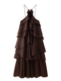Fongt Women's Explosive Flowers With Folded Backs Hanging Neck Dress