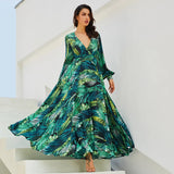 Fongt Spring Summer New Women's Dress V Collar Lantern Sleeve Red Leaf Print