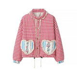 Plaid Heart Patchwork Pocket Puffer Jacket-Outfit