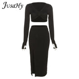 Elegant Solid Black Women's Two Pieces Sets Long Sleeves Crop Top+ High Waist Side Slit Skirts Matching Streetwear