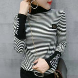 Striped Letter Spliced T-shirt Female Clothing Fashion Patch Designs 2023 Spring Autumn Slim Korean Turtleneck Pullovers-Outfit