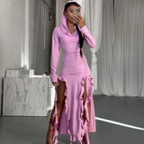 Summer New Explosive Fashion Trend Flounce Splicing Long-Sleeved Hoodie Irregular Dress-Outfit