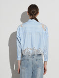 Fongt Stripe Retro See-Out Top Embroidery 2024 Autumn New Shirt Lace Female Short Style Advanced Sense-Outfit