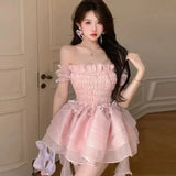 Sweet Pink Fairy Dress Women Japanese Off Shoulder Sexy Kawaii Lolita Dress Female Casual Korean Style Party Mini Dresses-Outfit
