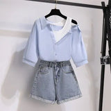 Women Summer Denim Shorts Sets 2022 Korean Casual Slash Neck Off The Shoulder Top And Shorts Two Pieces Sets For Women