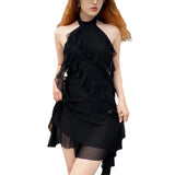 Fongt Summer Women's Solid Color Slim Street Fashion Neck Sexy Backless Dress-Outfit