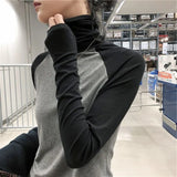 Patchwork Bottoming t Shirt Women Spring Autumn Tee Shirt Korean Turtleneck Slim Long Sleeve gray T-shirts 90s base