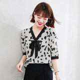 Printing Women's Blouse Chiffon Loose Bow Shirt Summer Short Sleeve Top Casual Fashion V-Neck 2022 New Korean Style