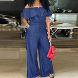 Women Sleeveless Off Shoulder Denim Jumpsuit Homewear Casual OL Romper Playsuit Overalls Plus Size