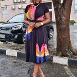 Fongt Large-Size Women's Summer Fashion Temperament Print Short-Sleeved Top Dress Folded Skirt African Suit