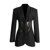 Fongt Trend Top 2024 Autumn New See-Through Sexy Mesh Stitching Lapel Suit Jacket Female-Outfit